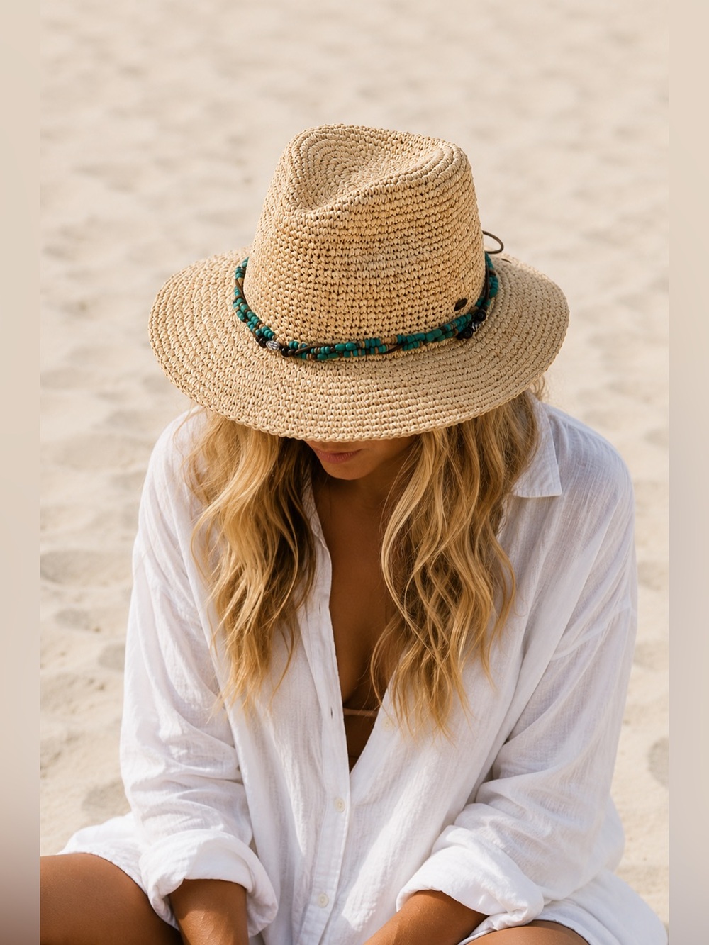 KOORINGAL 100% Raffia Sun Hat w/ Turquoise & Brown Bead 57 CM Bora Bora Safari